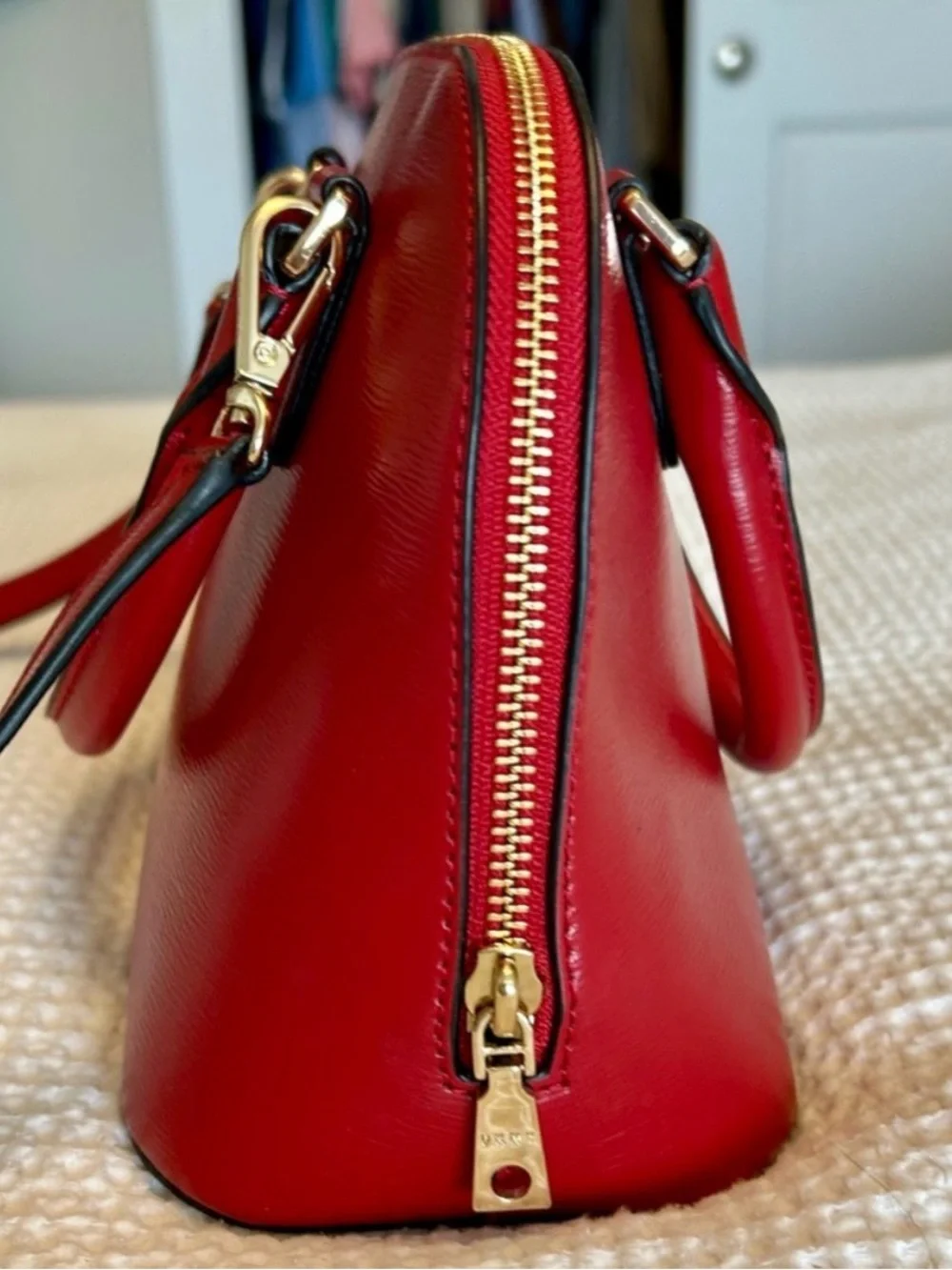 DKNY Red Saffiano Dome Satchel with Chain Charm